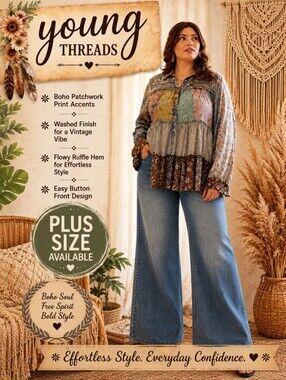 Young Threads Plus Size Boho Patchwork Ruffle Blouse - Multi